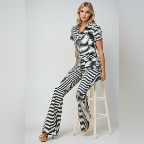 Striped Navy and Ivory Denim Jumpsuit - Picture 4 of 6